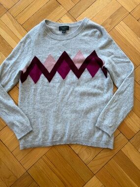 100% Cashmere Crewneck Sweater Charter Club Light Gray Pink Diamond Pattern Sz L